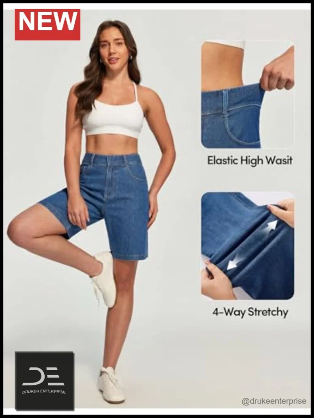 High Rise Stretchy Denim Bermuda Shorts Pull On Tummy Control Jorts